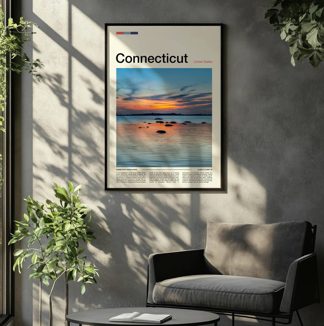 Connecticut Sunset Over The Water Travel Print framed on the wall of a relaxed living room
