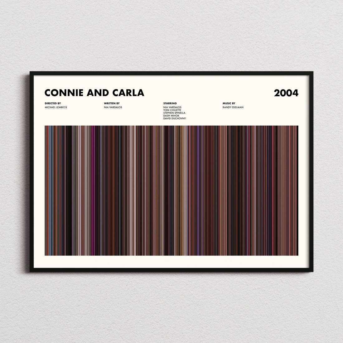 Connie and Carla Movie Barcode Poster framed and photographed straight on