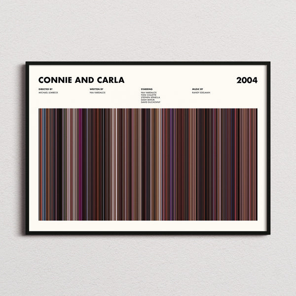 Connie and Carla Movie Barcode Poster framed and photographed straight on