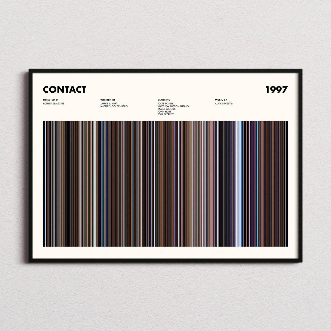 Contact Movie Barcode Poster framed and photographed straight on