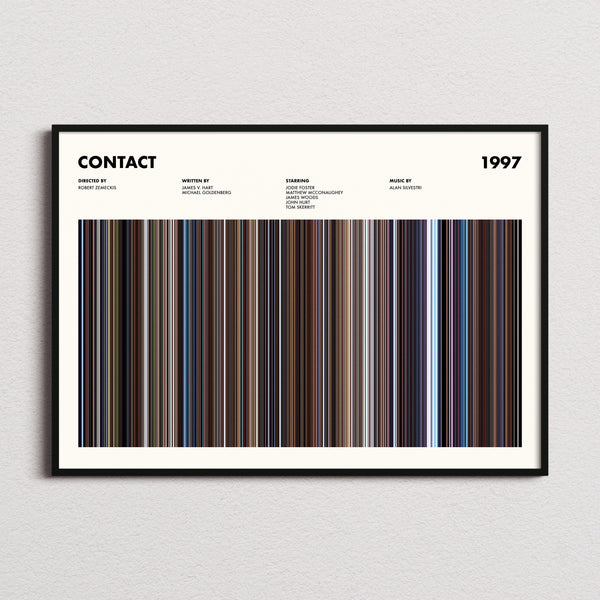 Contact Movie Barcode Poster framed and photographed straight on