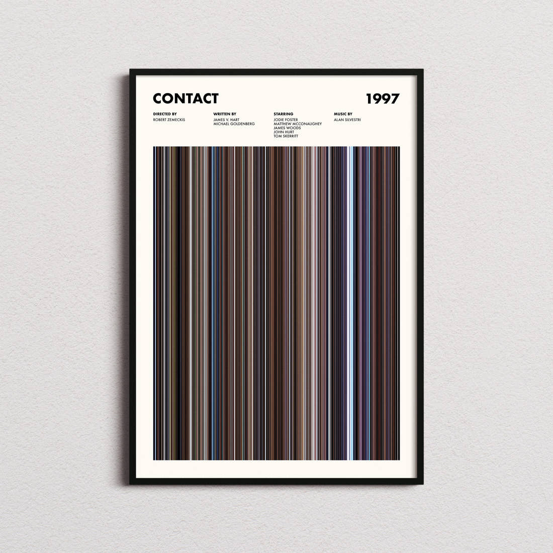 Contact Movie Barcode Poster framed on a plain studio wall