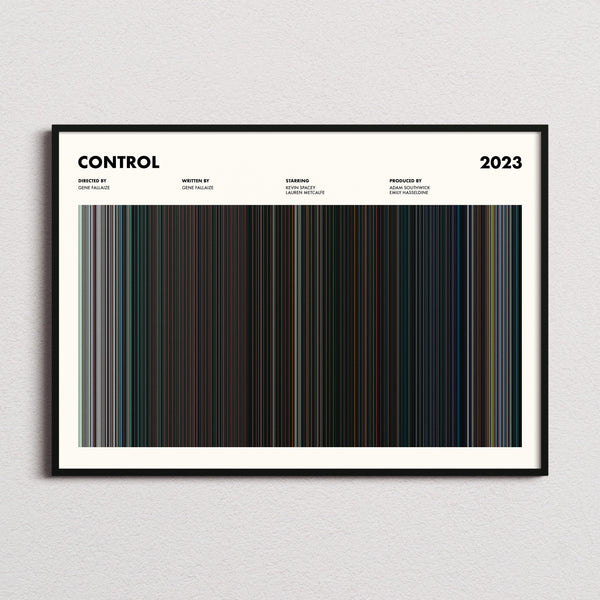 Control Movie Barcode Poster framed and photographed straight on