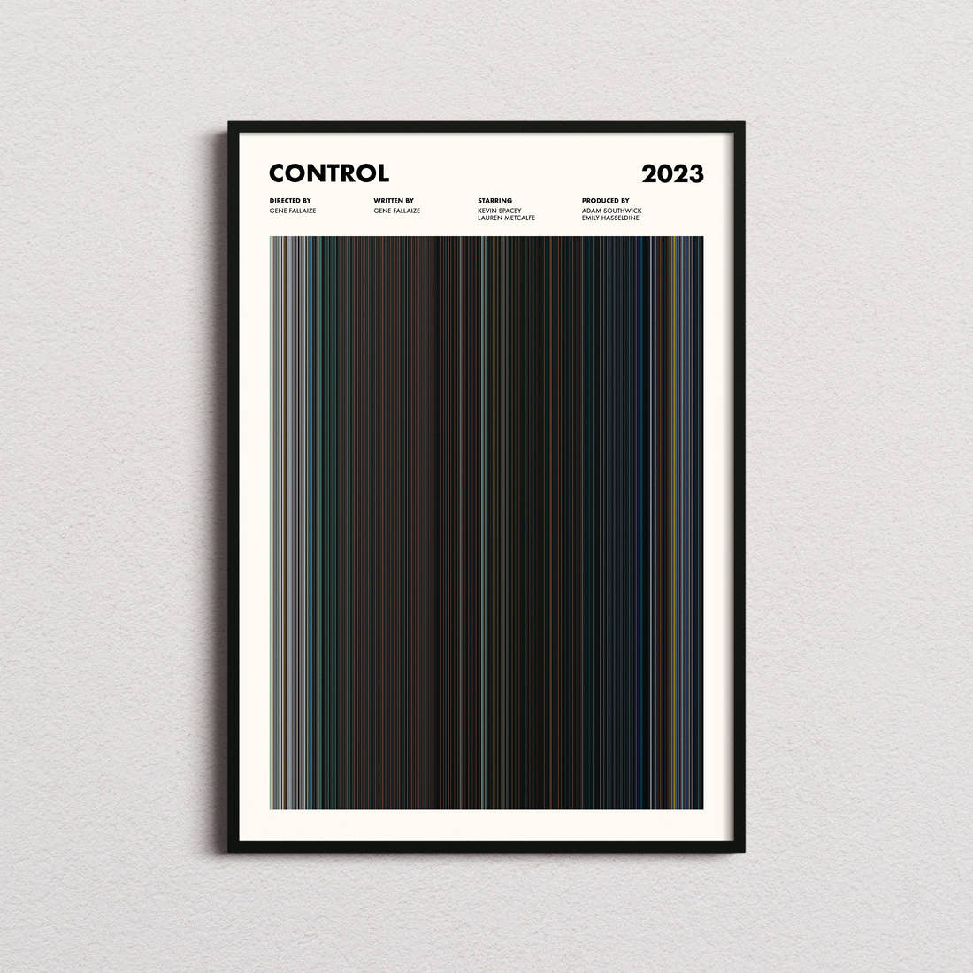 Control Movie Barcode Poster framed on a plain studio wall