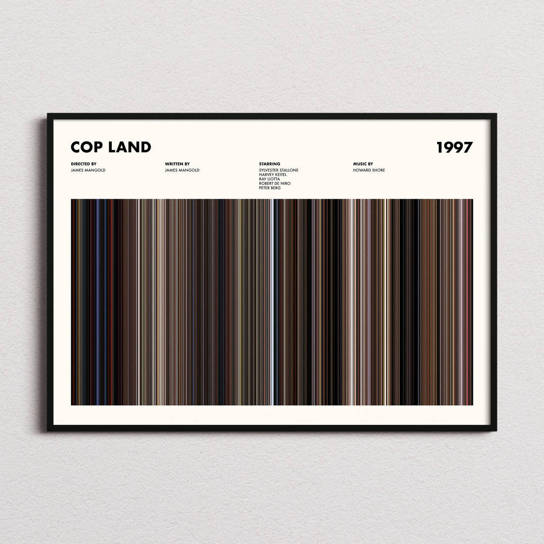 Cop Land Movie Barcode Poster framed and photographed straight on