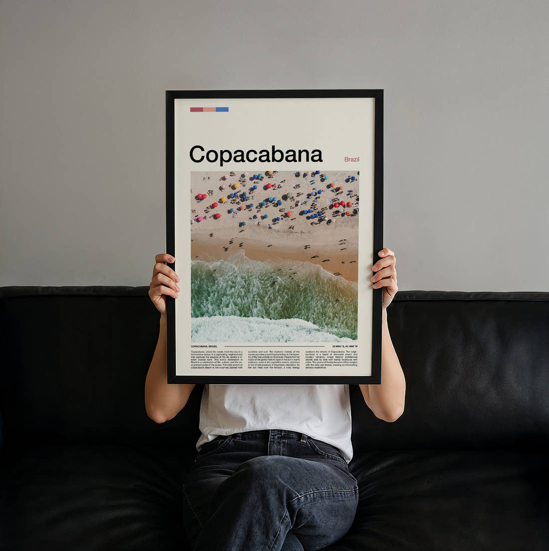 Copacabana Beach Umbrellas From Above Travel Print held up by hand to show the size of the print