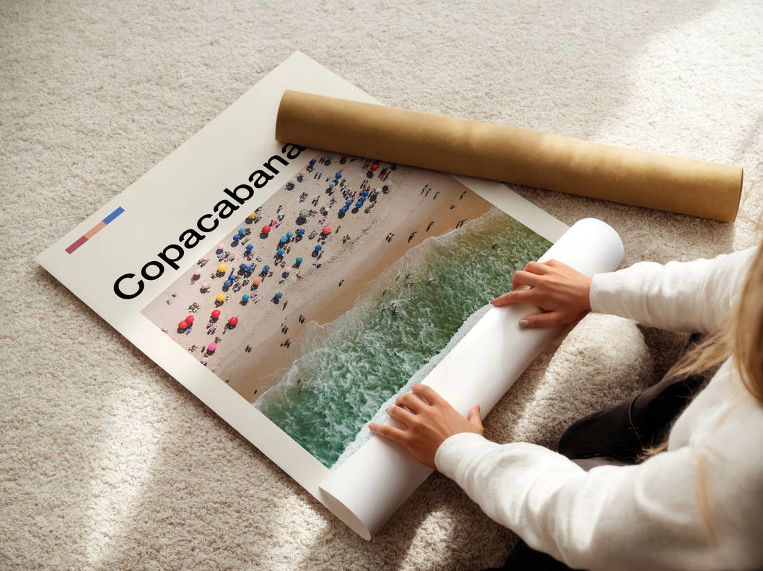 Copacabana Beach Umbrellas From Above Travel Print being unrolled from its postal tube