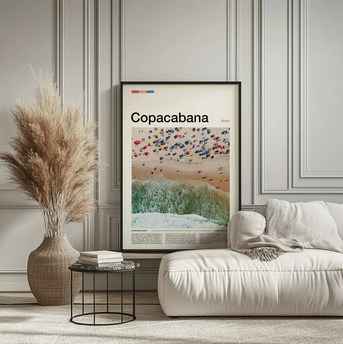 Copacabana Beach Umbrellas From Above Travel Print framed on the wall of a calm, neutral bedroom