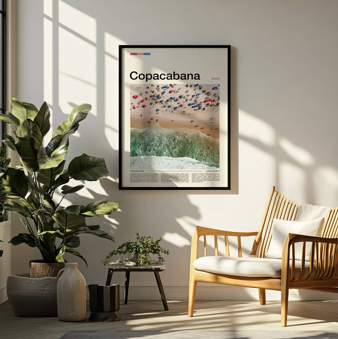 Copacabana Beach Umbrellas From Above Travel Print framed on a pale wall beside houseplants