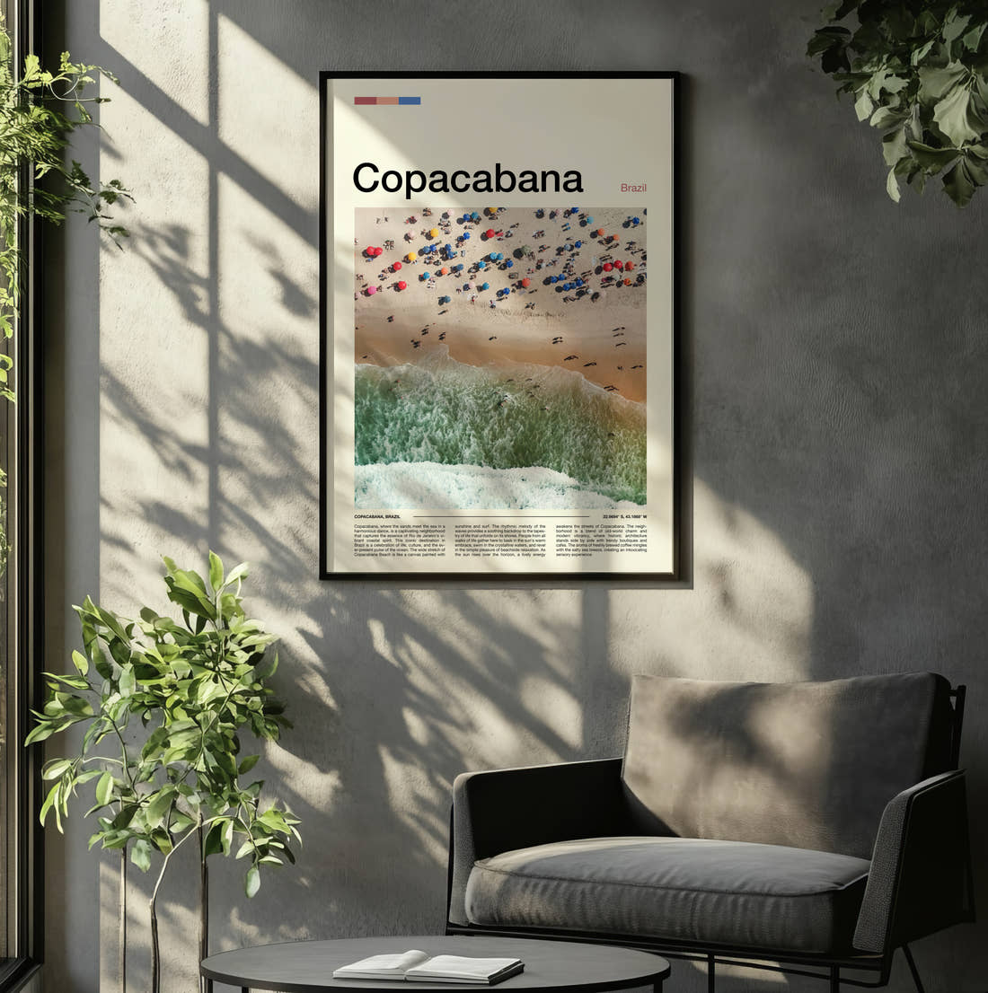 Copacabana Beach Umbrellas From Above Travel Print framed on the wall of a relaxed living room