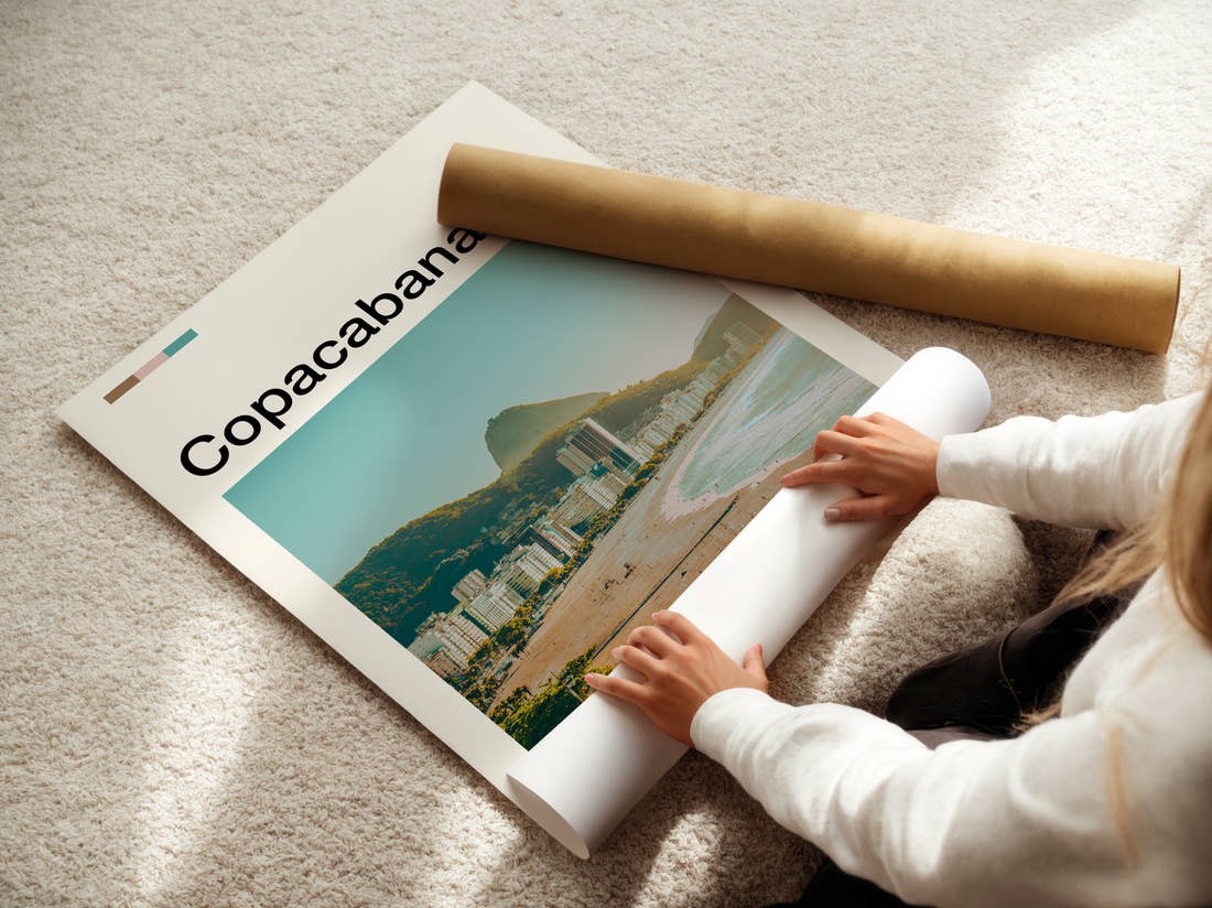 Copacabana Sugarloaf Mountain Travel Print being unrolled from its postal tube