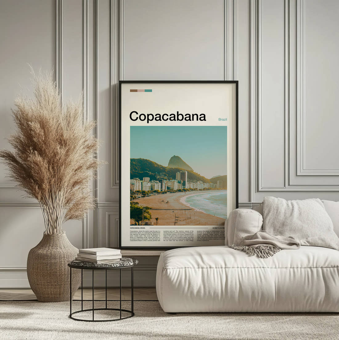 Copacabana Sugarloaf Mountain Travel Print framed on the wall of a calm, neutral bedroom