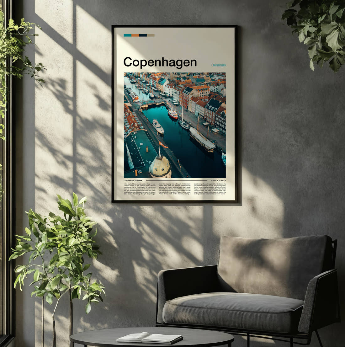 Copenhagen Nyhavn From Above Travel Print framed on the wall of a relaxed living room