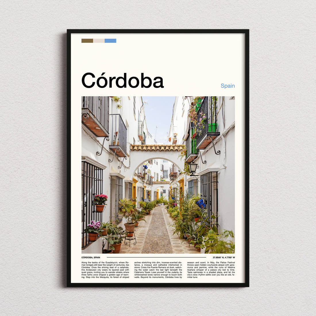 Córdoba Flower-Filled Alleyway Travel Print framed and photographed straight on