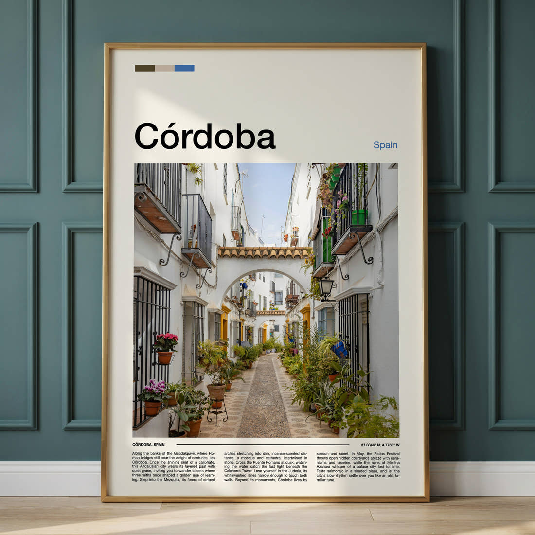 Córdoba Flower-Filled Alleyway Travel Print framed on the wall of a calm, neutral bedroom