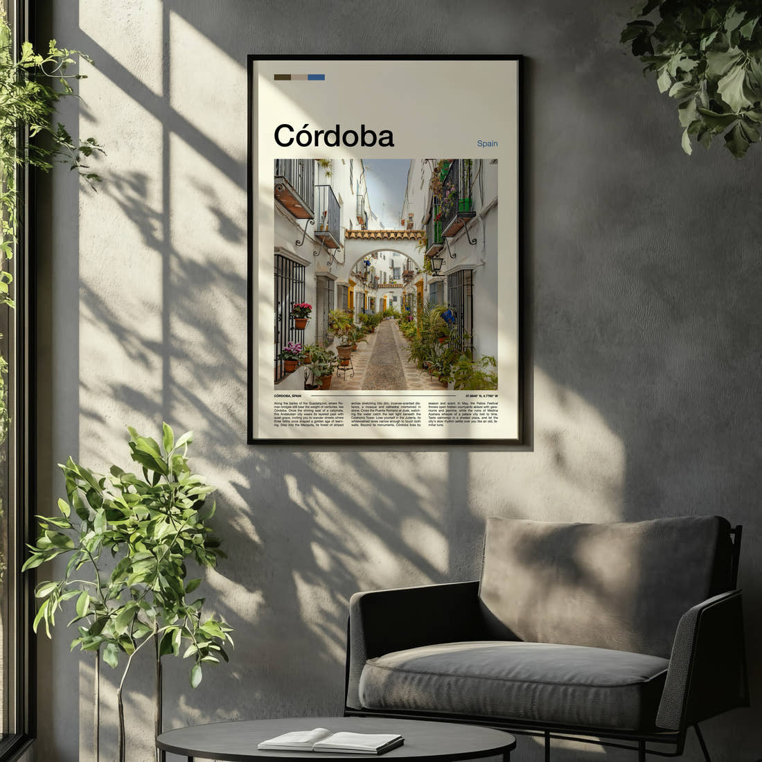 Córdoba Flower-Filled Alleyway Travel Print framed on the wall of a relaxed living room