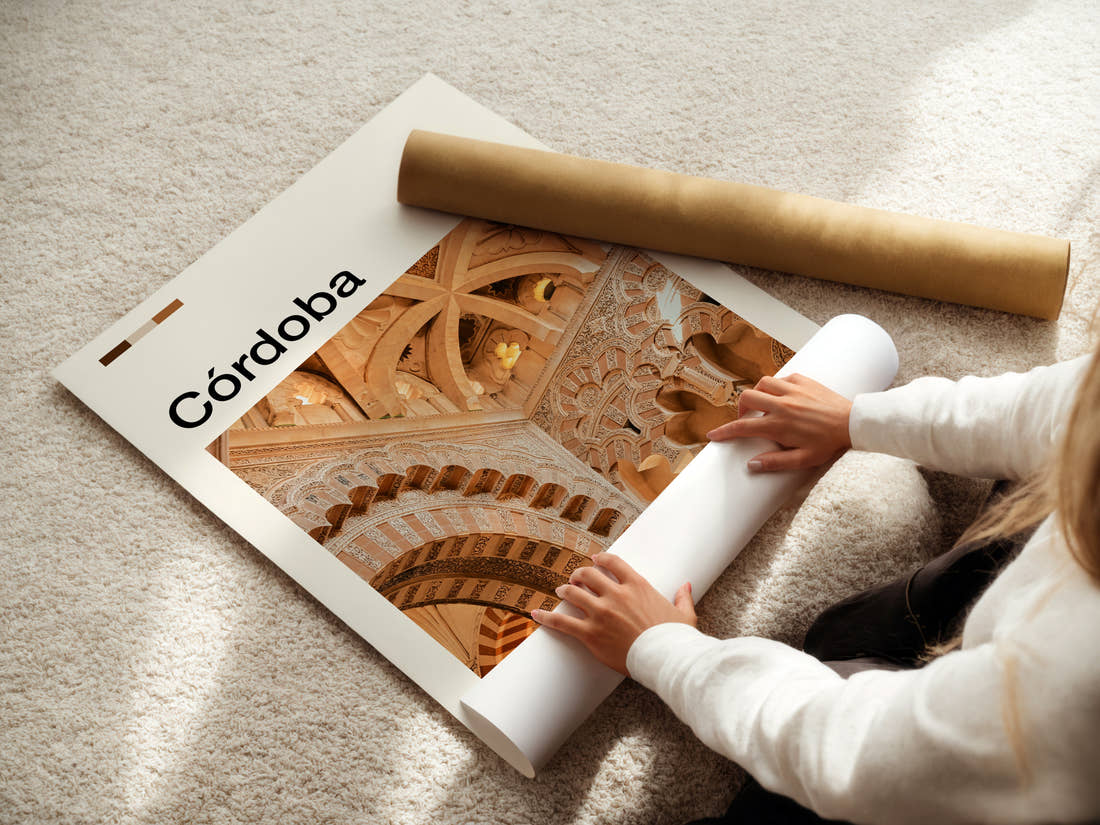 Córdoba Ornate Mezquita Arches Travel Print being unrolled from its postal tube