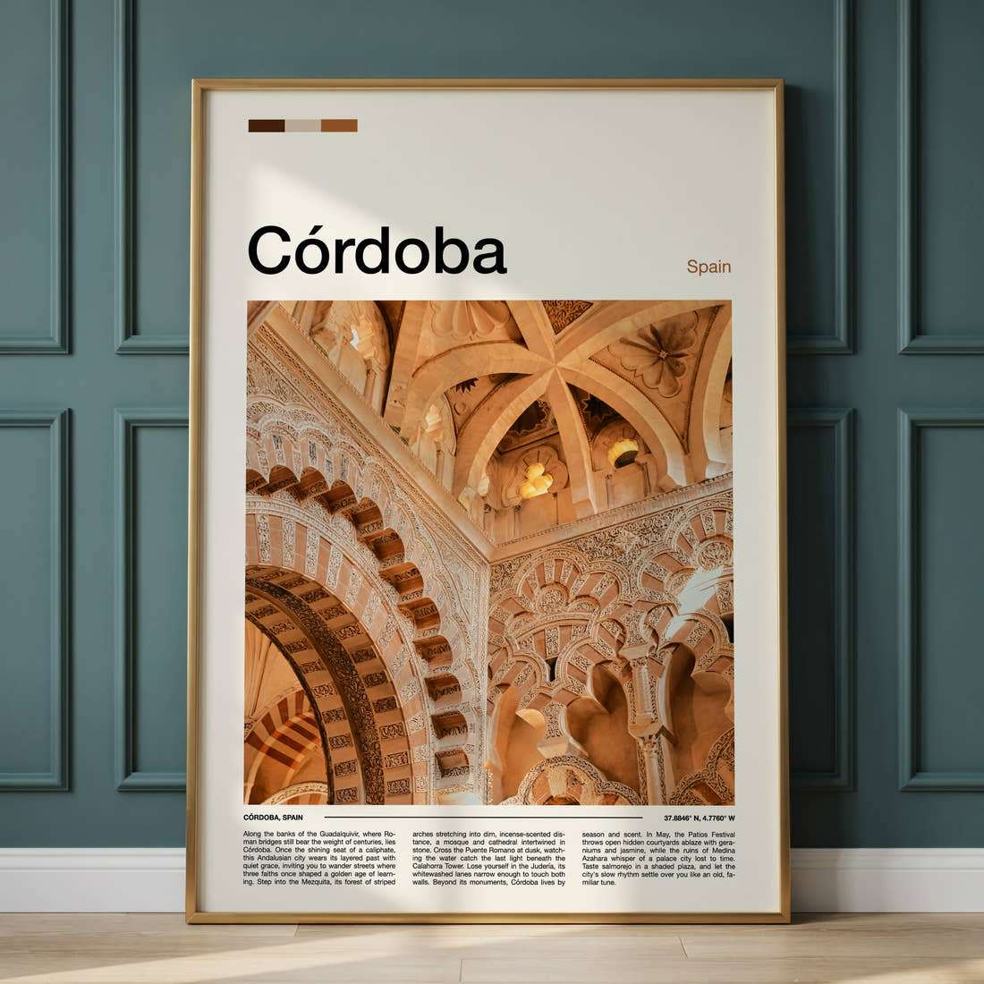 Córdoba Ornate Mezquita Arches Travel Print framed on the wall of a calm, neutral bedroom