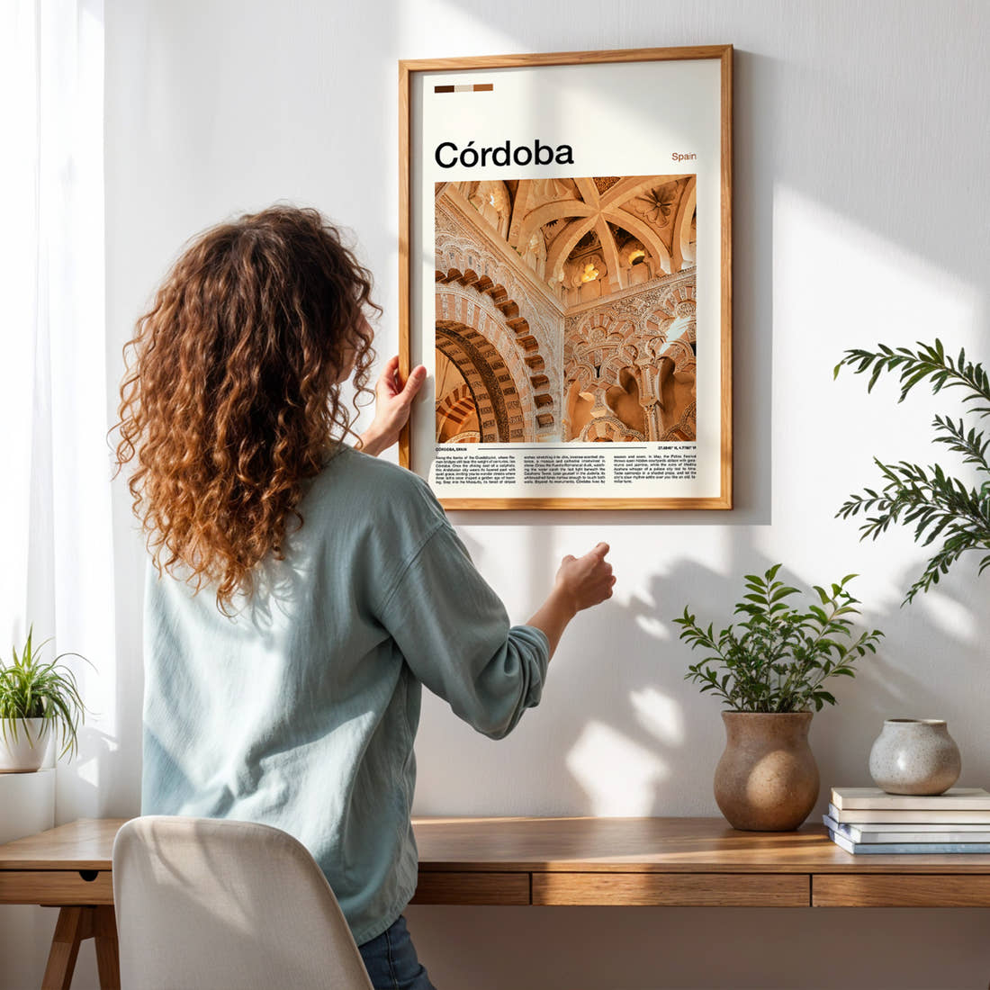 Córdoba Ornate Mezquita Arches Travel Print framed on a pale wall beside houseplants
