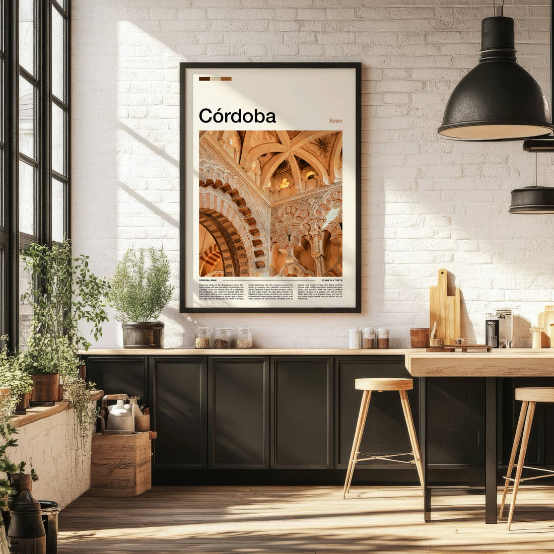 Córdoba Ornate Mezquita Arches Travel Print framed on the wall of a bright kitchen and dining space