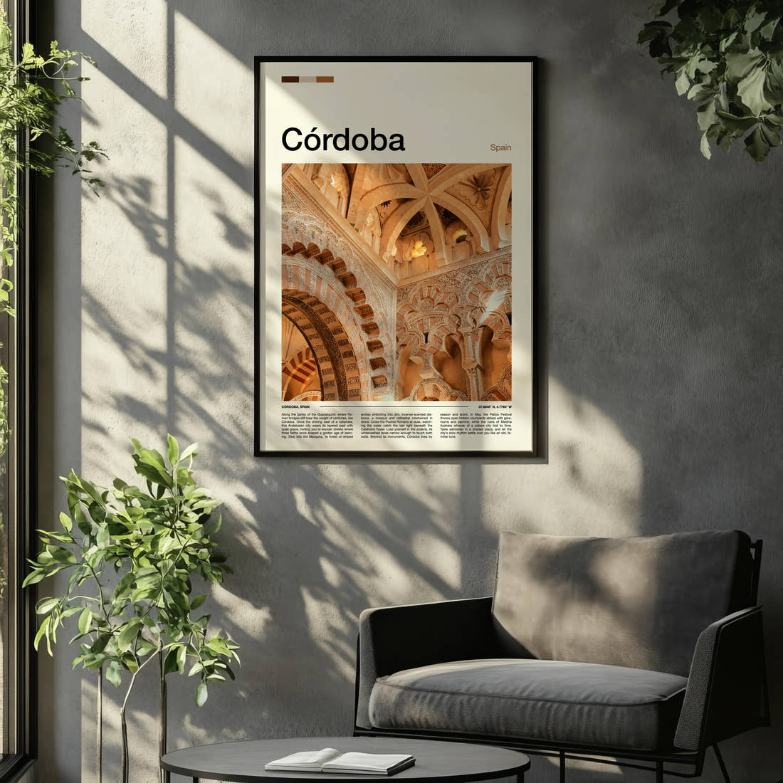 Córdoba Ornate Mezquita Arches Travel Print framed on the wall of a relaxed living room