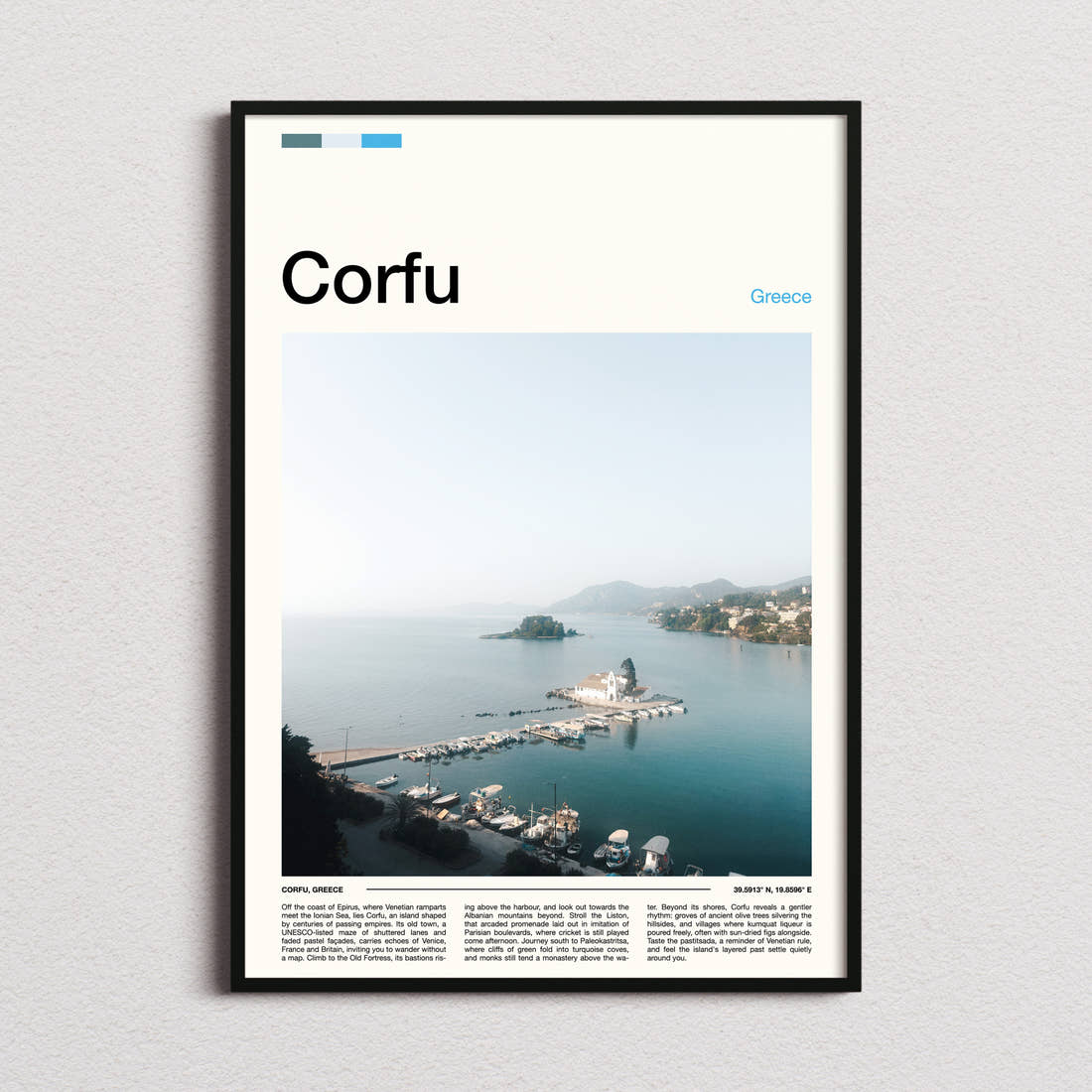 Corfu Monastery Islet Harbour Travel Print framed and photographed straight on