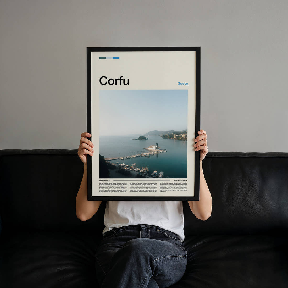 Corfu Monastery Islet Harbour Travel Print held up by hand to show the size of the print