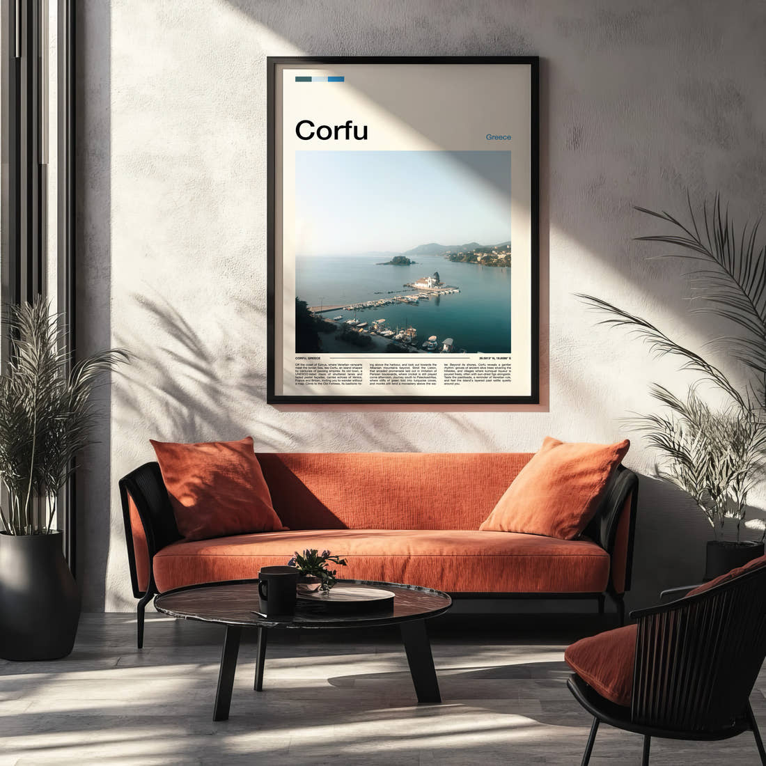 Corfu Monastery Islet Harbour Travel Print framed on the wall of a modern living room