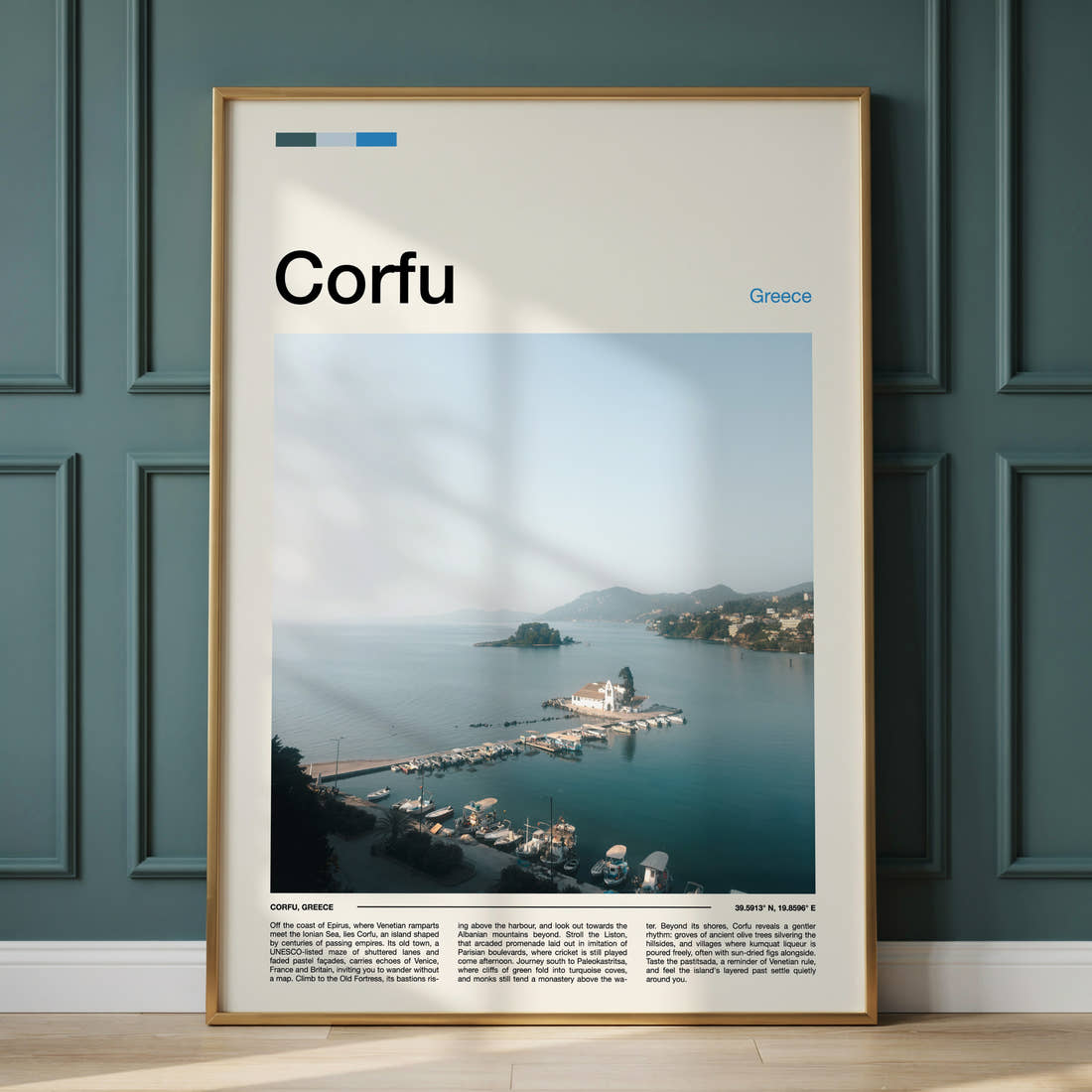 Corfu Monastery Islet Harbour Travel Print framed on the wall of a calm, neutral bedroom