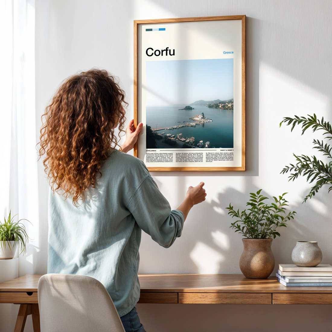 Corfu Monastery Islet Harbour Travel Print framed on a pale wall beside houseplants
