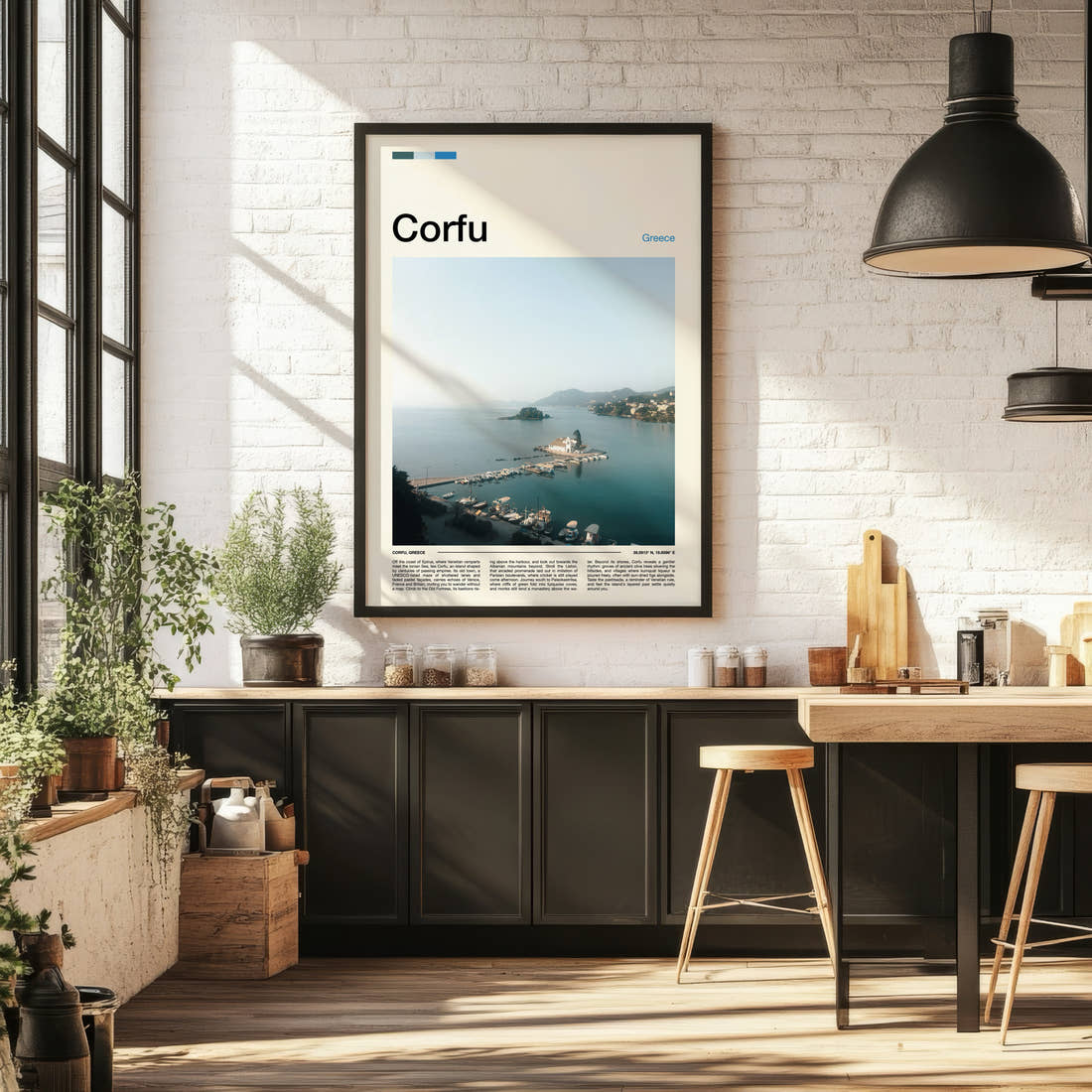 Corfu Monastery Islet Harbour Travel Print framed on the wall of a bright kitchen and dining space