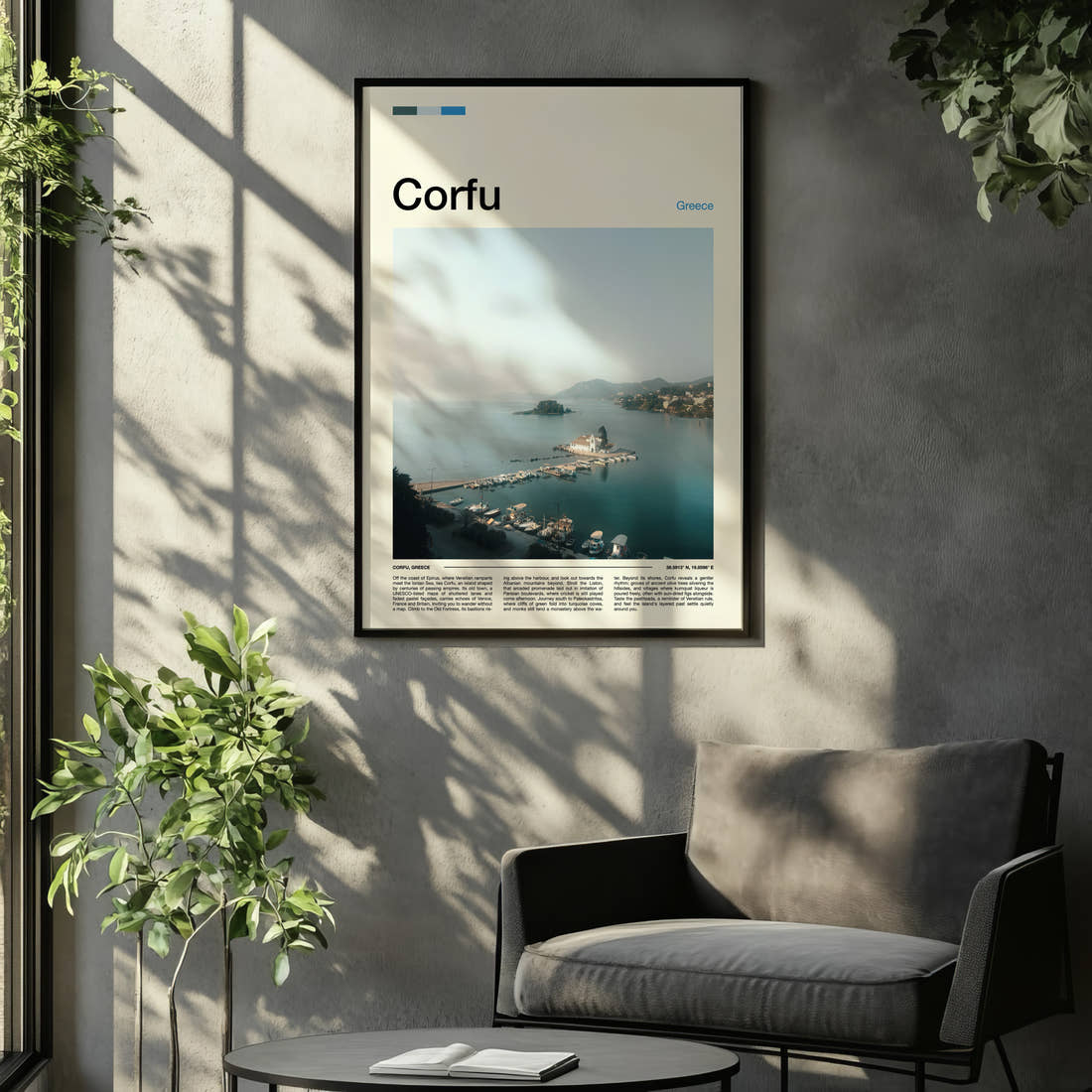 Corfu Monastery Islet Harbour Travel Print framed on the wall of a relaxed living room