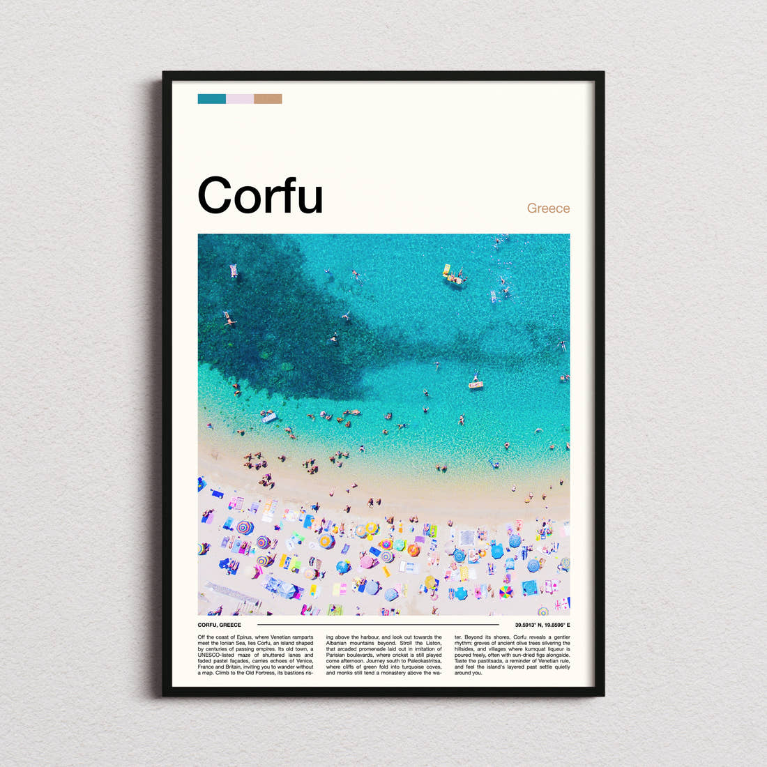 Corfu Aerial Beach View Travel Print framed and photographed straight on