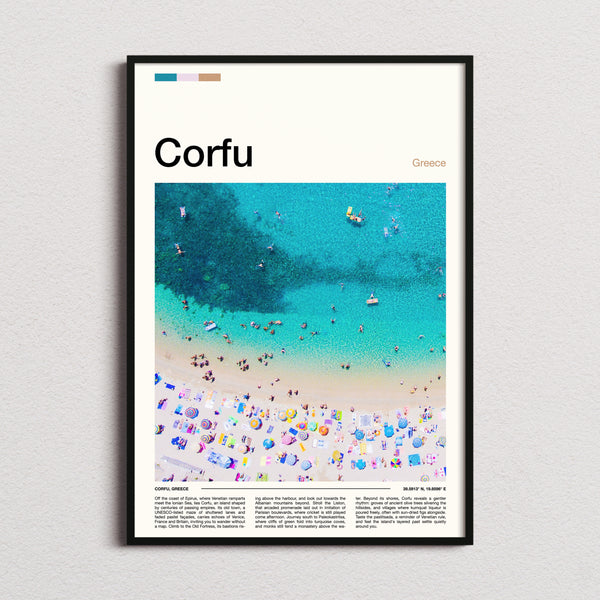 Corfu Aerial Beach View Travel Print framed and photographed straight on
