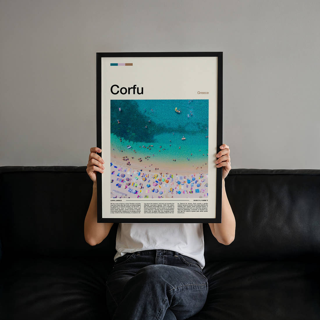 Corfu Aerial Beach View Travel Print held up by hand to show the size of the print