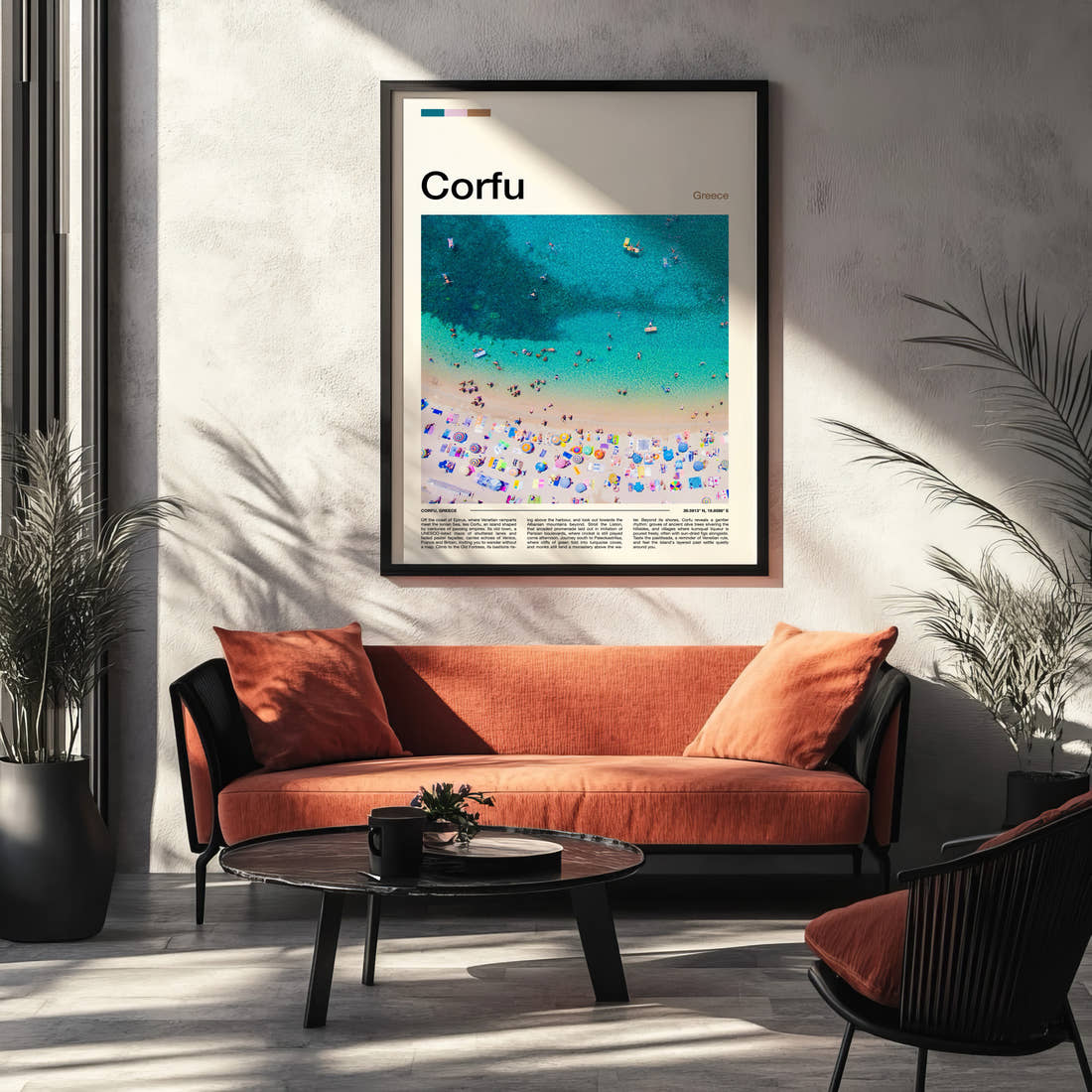 Corfu Aerial Beach View Travel Print framed on the wall of a modern living room