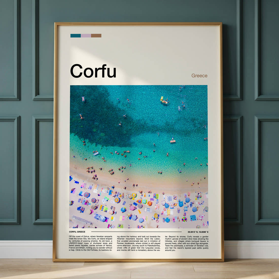 Corfu Aerial Beach View Travel Print framed on the wall of a calm, neutral bedroom