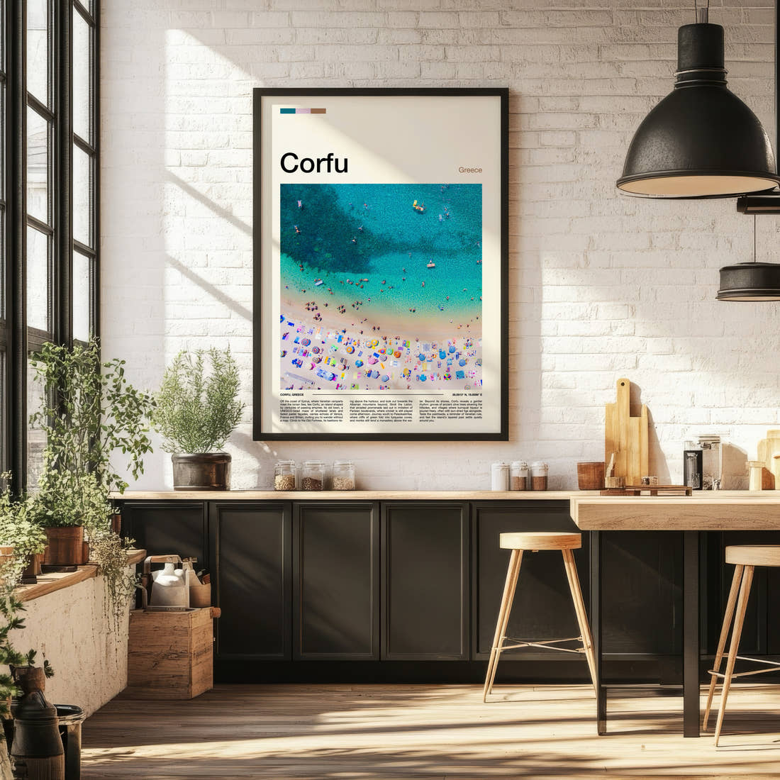Corfu Aerial Beach View Travel Print framed on the wall of a bright kitchen and dining space