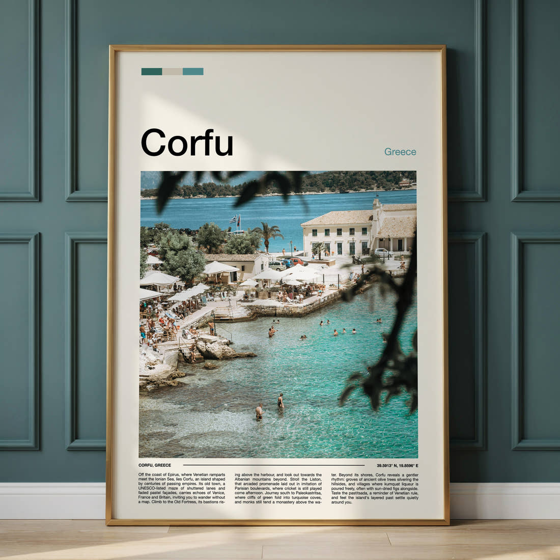 Corfu Turquoise Harbour Cove Travel Print framed on the wall of a calm, neutral bedroom