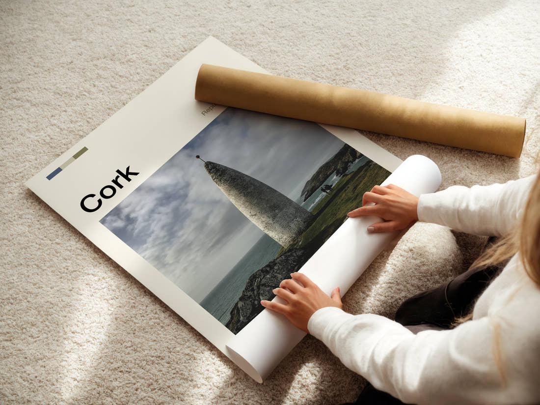 Cork Baltimore Beacon Travel Print being unrolled from its postal tube