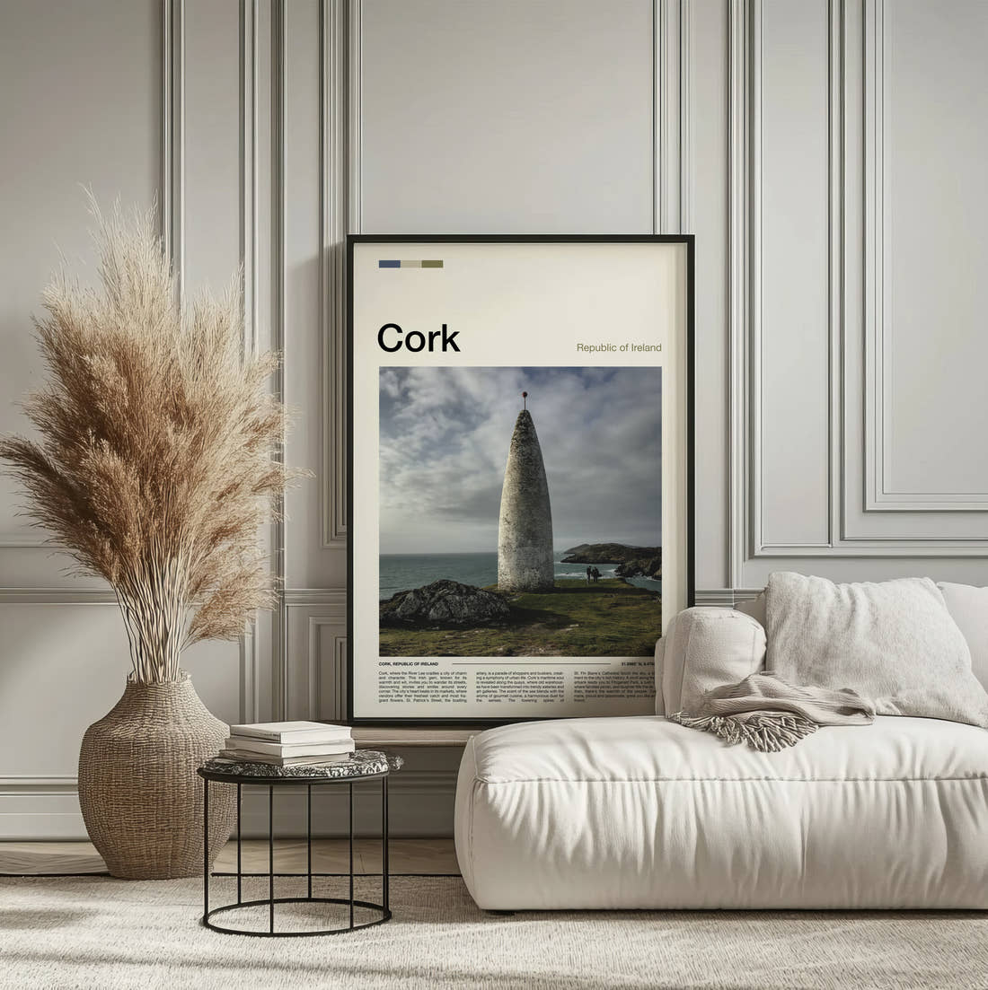 Cork Baltimore Beacon Travel Print framed on the wall of a calm, neutral bedroom
