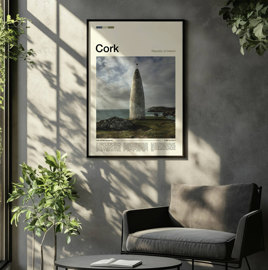Cork Baltimore Beacon Travel Print framed on the wall of a relaxed living room