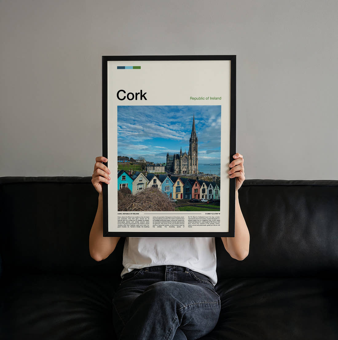 Cork St Colman's Cathedral Travel Print held up by hand to show the size of the print