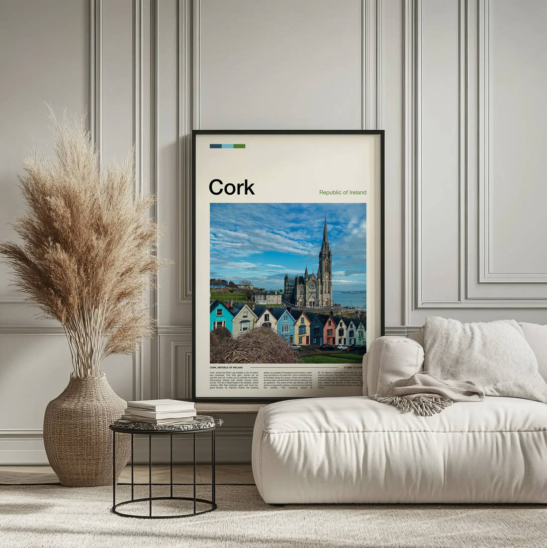 Cork St Colman's Cathedral Travel Print framed on the wall of a calm, neutral bedroom