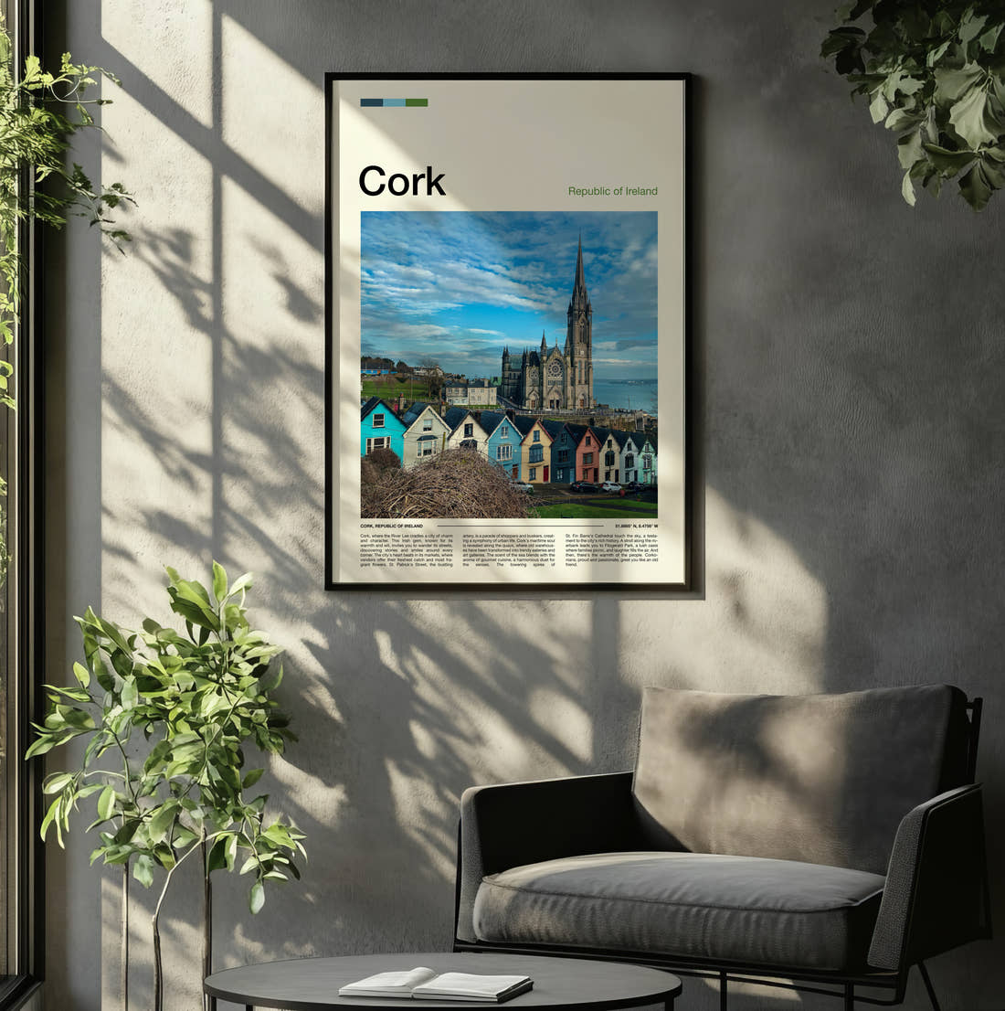 Cork St Colman's Cathedral Travel Print framed on the wall of a relaxed living room
