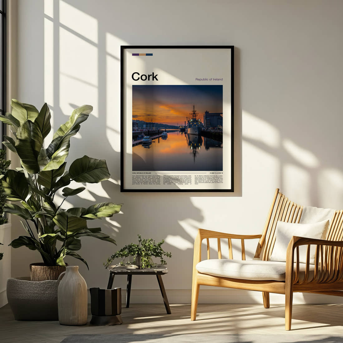 Cork Naval Ship At Sunset Travel Print framed on a pale wall beside houseplants