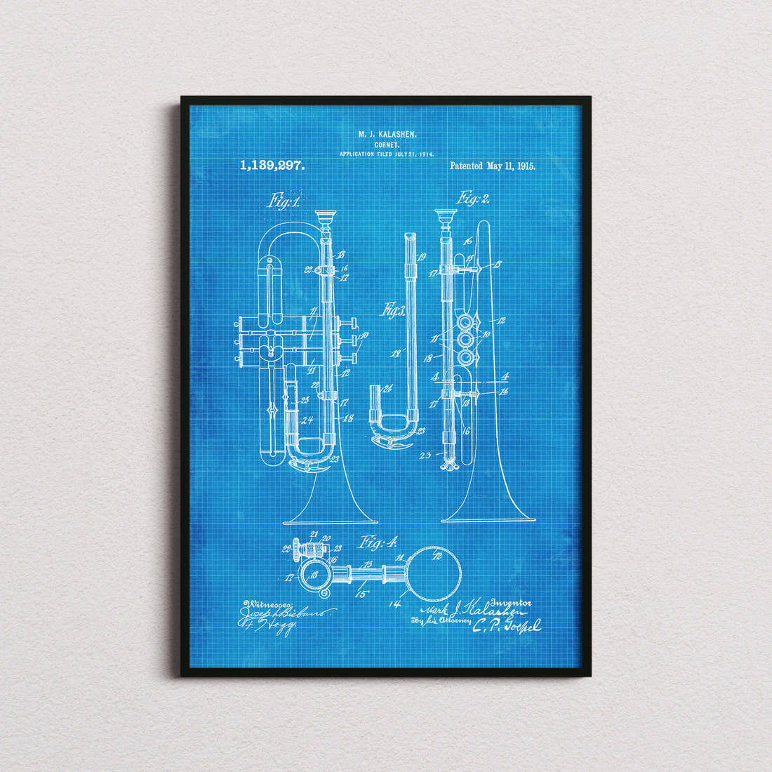 Cornet Patent Print in the blueprint colourway, framed