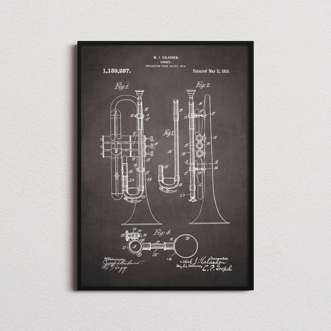 Cornet Patent Print in the blackboard colourway, framed