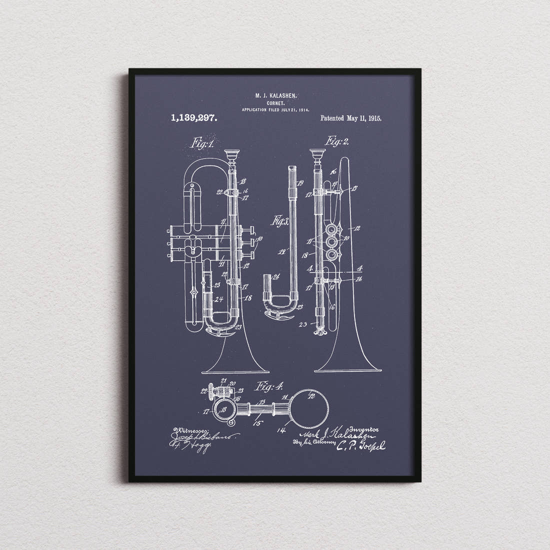 Cornet Patent Print in the navy colourway, framed