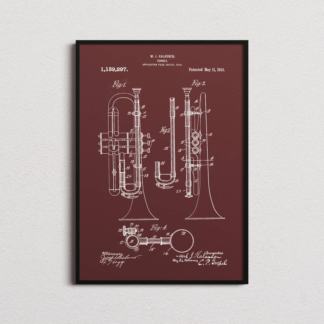 Cornet Patent Print in the burgundy colourway, framed